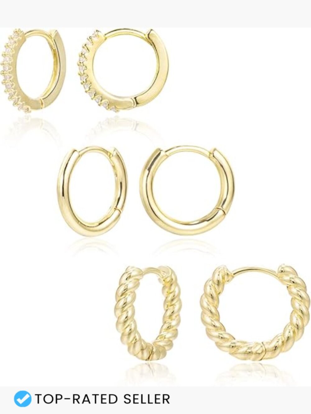 3 Pair Small Huggie Hoop Earrings Set 14K Gold Hypoallergenic Lightweight